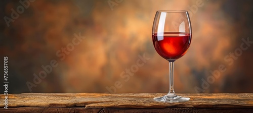 Red wine glass on wooden table, elegant with blurred dark background and text space photo