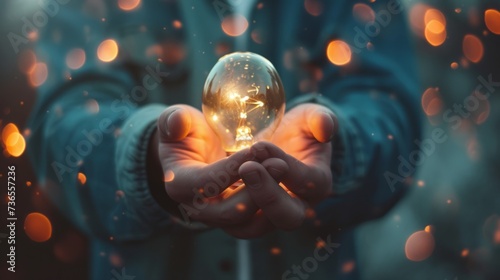 A close-up of a man holding a light bulb is the concept of a global business-driven startup with five-star success. Bright lights give hope to small businesses. Copy space with white blur background 