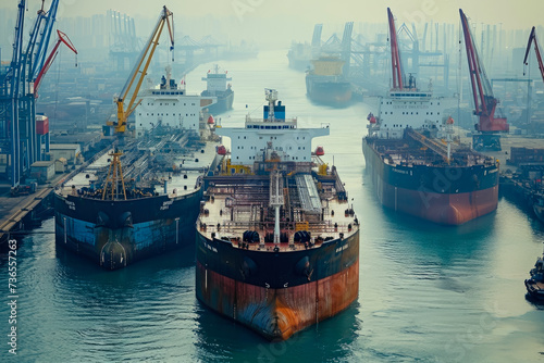 group of oil tankers in a port waiting to be filled with oil photo