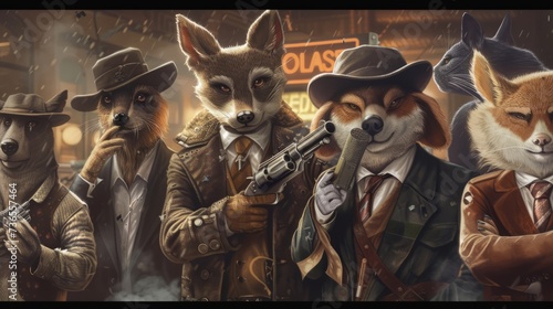 a group of farmyard animals, dressed like east coast gangsters and pointing a gun this way. --ar 16:9 --v 6 Job ID: b20f10e9-0474-4d4f-b701-f064d407395a photo