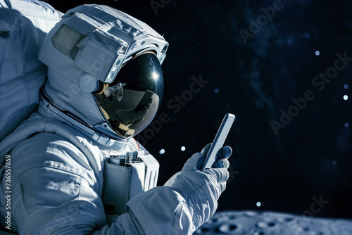 Close up of an astronaut looking at the smartphone on lunar spacewalk