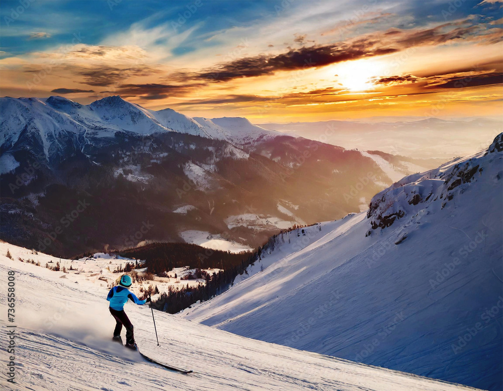 Skiing down a mountain at sunset.