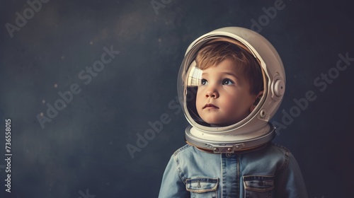 A small child imagines himself to be an astronaut in an astronaut's helmet. -