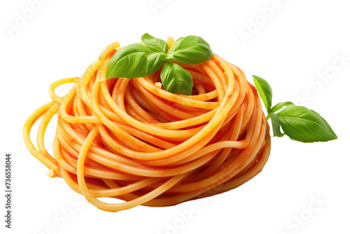 Spaghetti with Tomato Sauce Garnished with Basil Leaf Isolated on Transparent Background