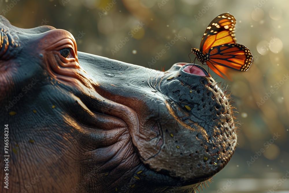 A butterfly stand on the nose of a hippopotamus.