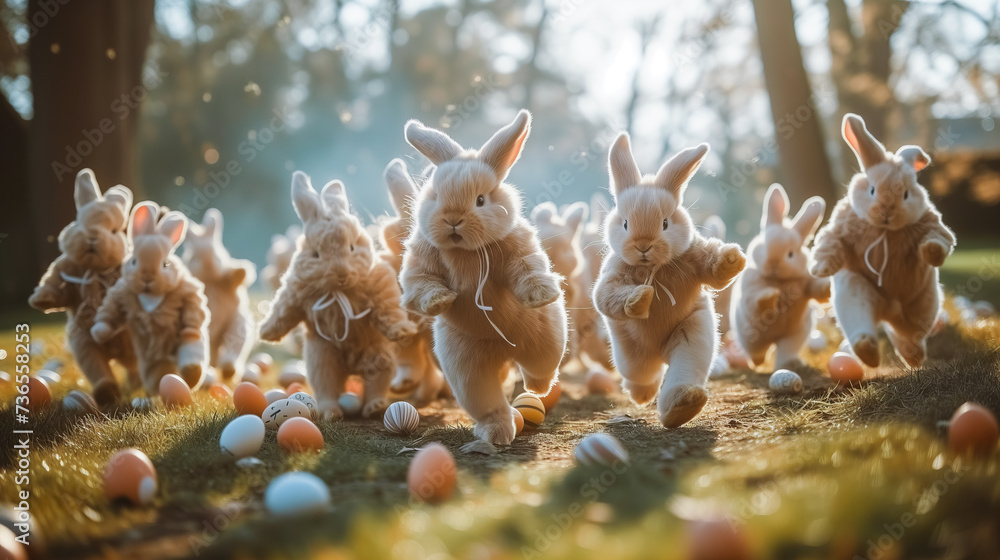 playful scene of Easter bunnies which running for easter eggs. hunt easter eggs - obrazy, fototapety, plakaty 