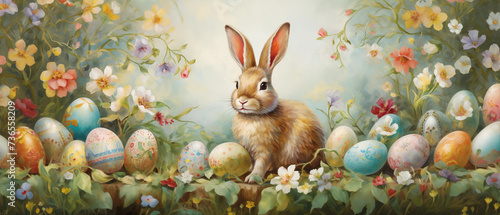 A bunny and colorful easter eggs with floral background