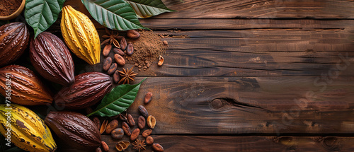 cocoa pod and products on wooden background