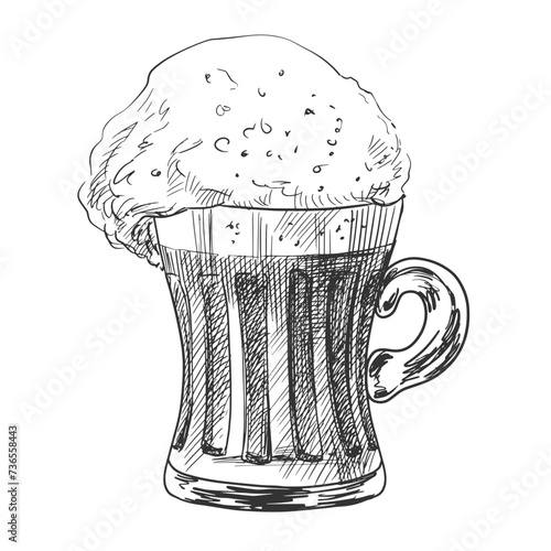 Glass of beer. Pint glassware. Oktoberfest vector illustration. Sketch style mug of foaming beer. Engraved illustrations for pub menu.