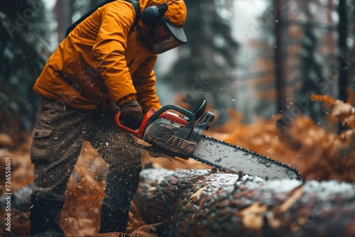 A man is cutting wood in the forest with a chainsaw.