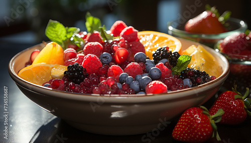 Freshness and sweetness in a bowl of berry fruit dessert generated by AI