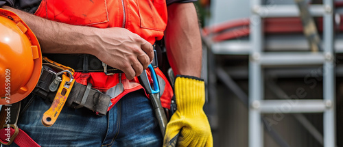 worker with yellow construction helmet, gloves, tool belt