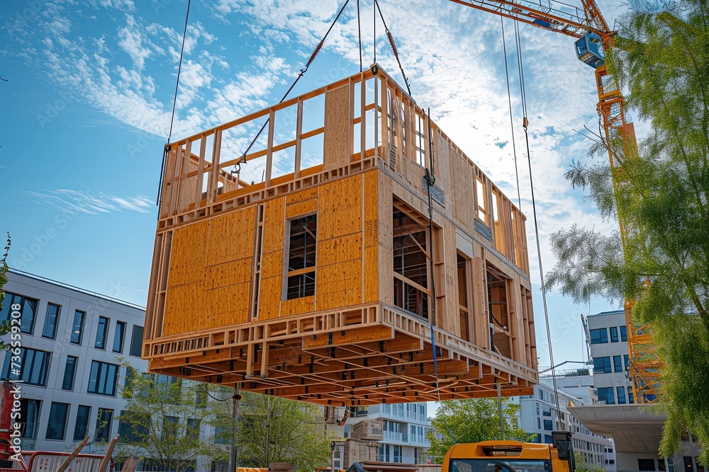 A wooden building module is raised by a crane.