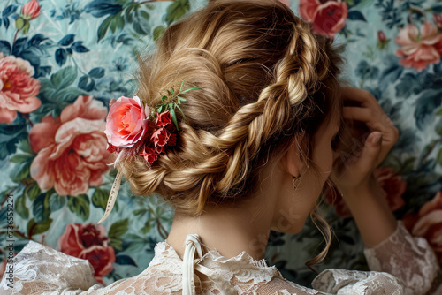 model braiding their hair with a braid and a pin in the background and a ribbon and a flower on their hair