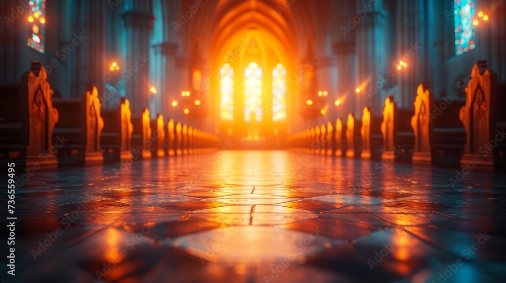 Gothic Cathedral Interior Background texture with Warm Sunlight Streaming Through Stained Glass Windows