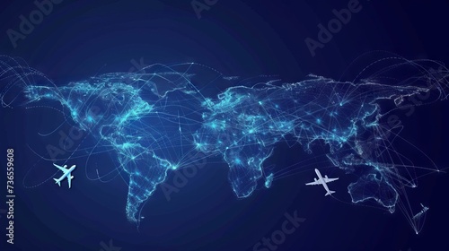 Airplanes travel abstract background - flying airplanes routes in the shape of the world map - Aviation and air travel concept - line art vector blue 