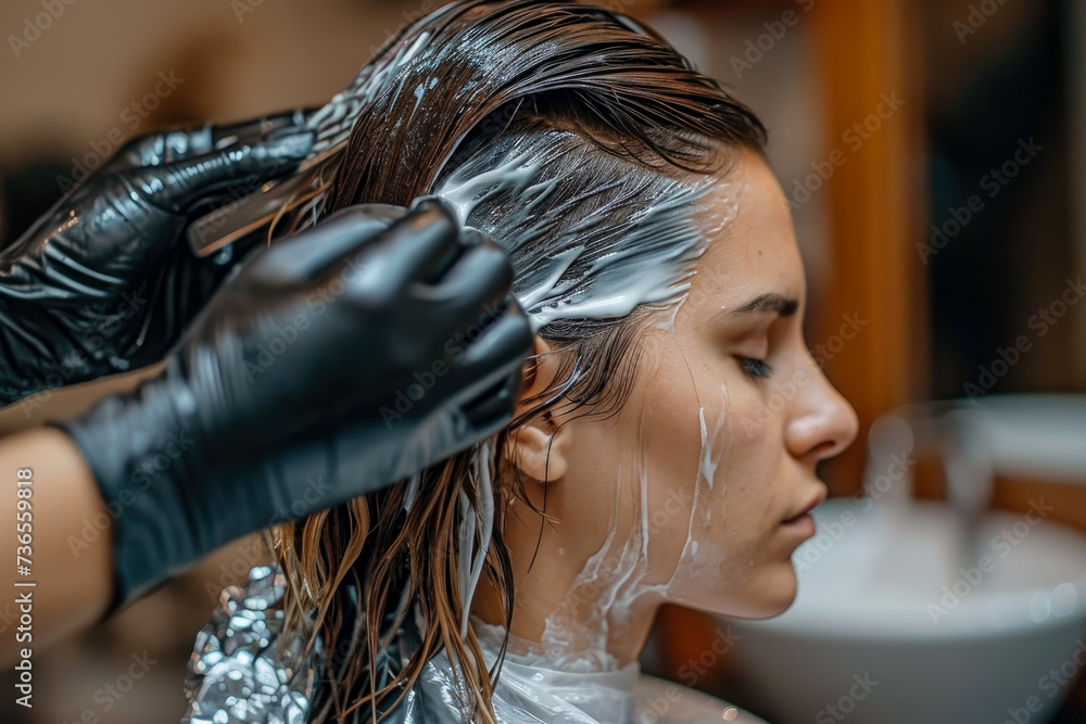 Naklejka premium model coloring their hair with a dye and a bowl in the background and a glove and a foil on their hair