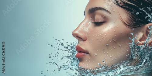 The face of a calm woman with water splashing harmoniously around her. Woman's face with freshness, hydration and natural beauty skin care photo