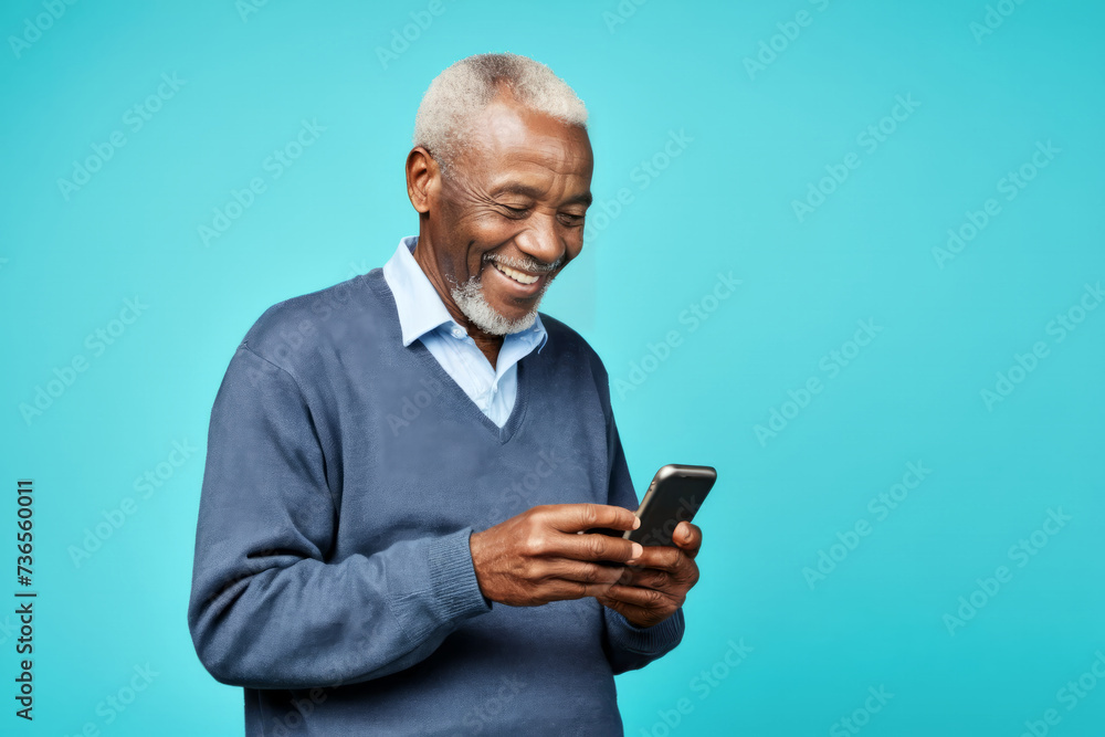 Portrait of smiling happy bearded African senior businessman with gray hair looking at mobile phone on light blue cyan background, studio shot with copy space for text Portrait of smiling happy bearded African senior businessman with gray hair looking at mobile phone on light blue cyan background, studio shot with copy space for text