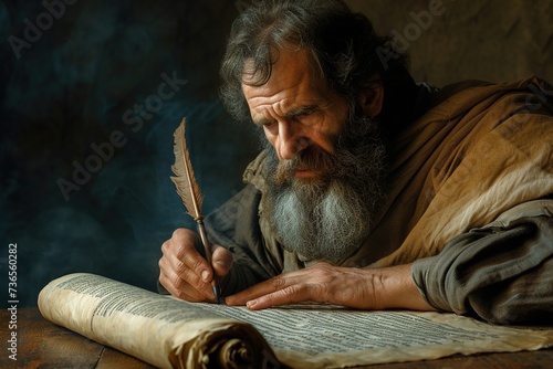 Apostle Paul writing in parchment scroll inspired by the Holy Spirit.	 photo