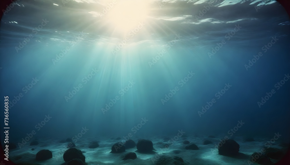 Naklejka premium Sunlight filtering through the surface of the ocean with a seabed covered in rocks
