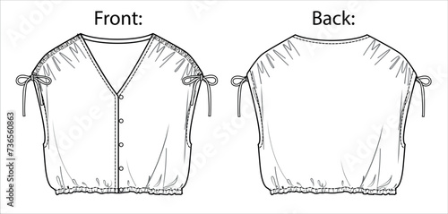 Vector drop shoulder T-Shirt with frills fashion CAD, woman sleeveless crop shirt technical drawing, sketch, template, flat, mock-up. Jersey or woven fabric top with front, back view, white color