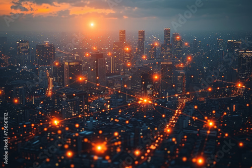 A city skyline illuminated by a web of interconnected lights  representing the global nature of energy consumption and resource distribution. Concept of sustainable energy. Generative Ai.