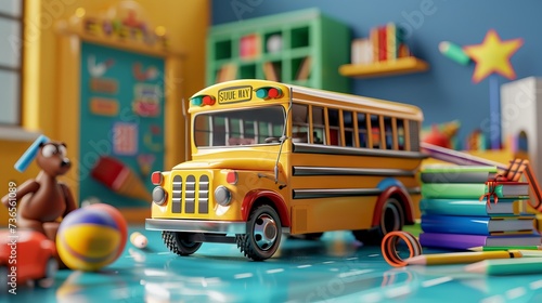 back to school  inspiration  poster with educational equipment and school bus. 3d rendering animation loop --ar 16 9 --v 6 Job ID  24a2ee3c-3701-4b0d-99d9-821cdc32dac0