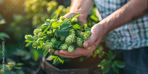 Green hops for beer. A man holds fresh hops in his hands photo