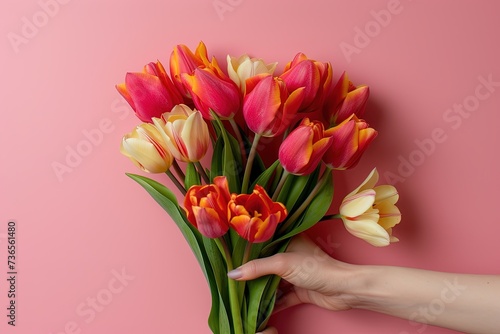 Female hand holds spring bouquet of tulips. © Bargais