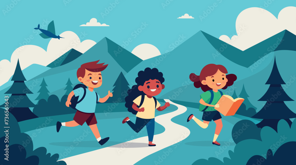 Naklejka premium Happy children running on a nature trail with a map