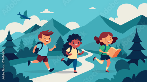 Happy children running on a nature trail with a map
