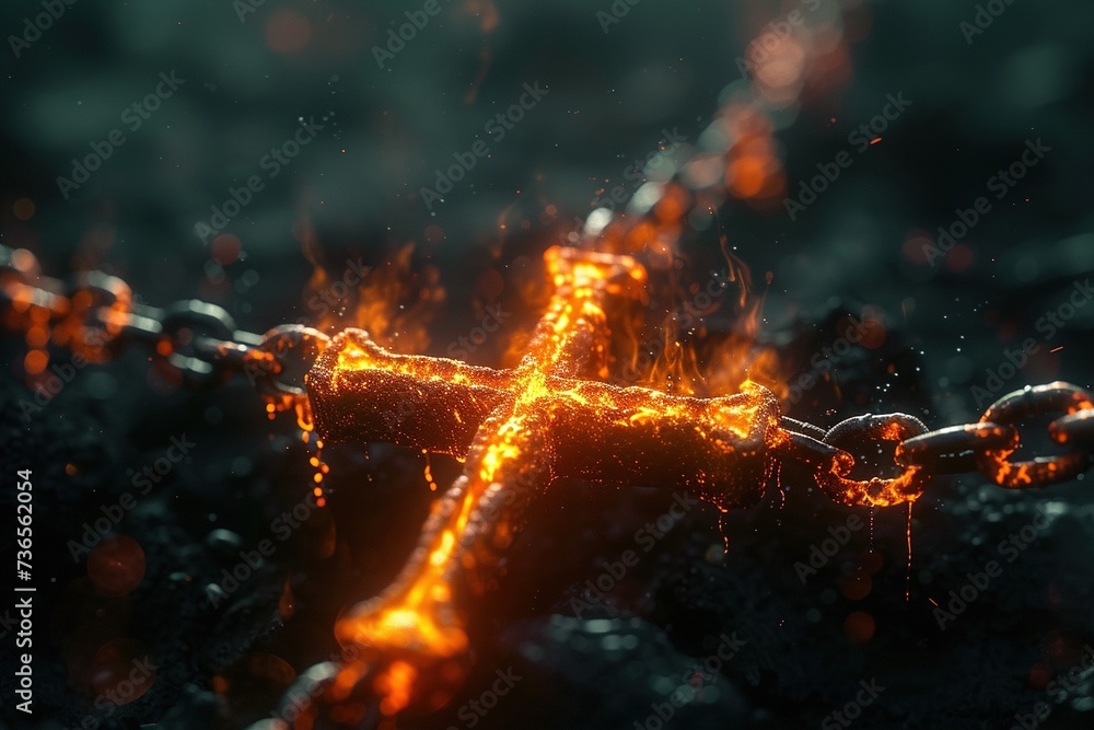 Fototapeta premium Glowing christian cross with chain.