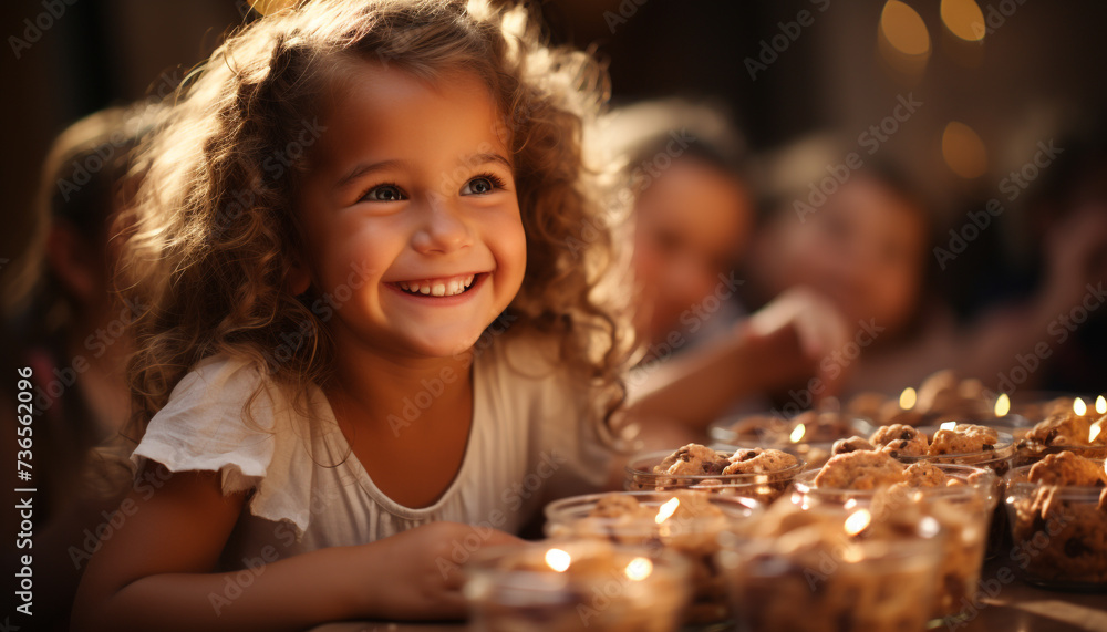 Smiling child, happiness, girls, cheerful, indoors, enjoyment, cute, childhood, fun, joy generated by AI Smiling child, happiness, girls, cheerful, indoors, enjoyment, cute, childhood, fun, joy generated by AI