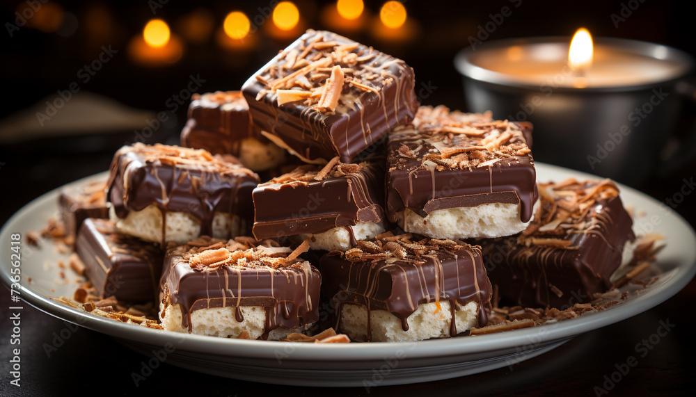 Indulgent gourmet dessert dark chocolate fudge on a small plate generated by AI Indulgent gourmet dessert dark chocolate fudge on a small plate generated by AI