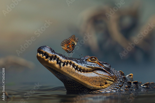 A butterfly stand on the nose of a crocodile.