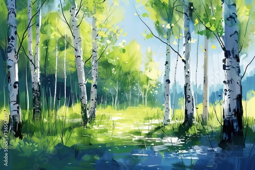 Forest landscape of birch trees in spring, painting. photo