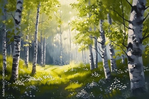 Forest landscape of birch trees in spring, painting. photo