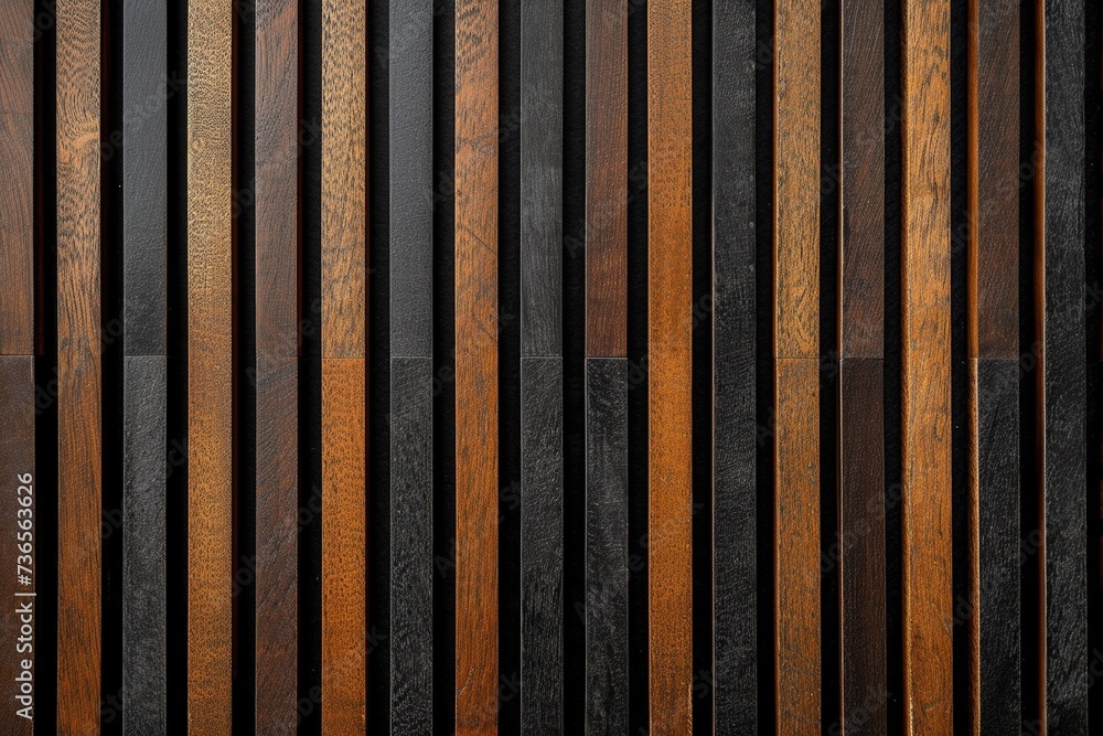 Modern acoustic panel with vertical wooden slats. - obrazy, fototapety, plakaty 
