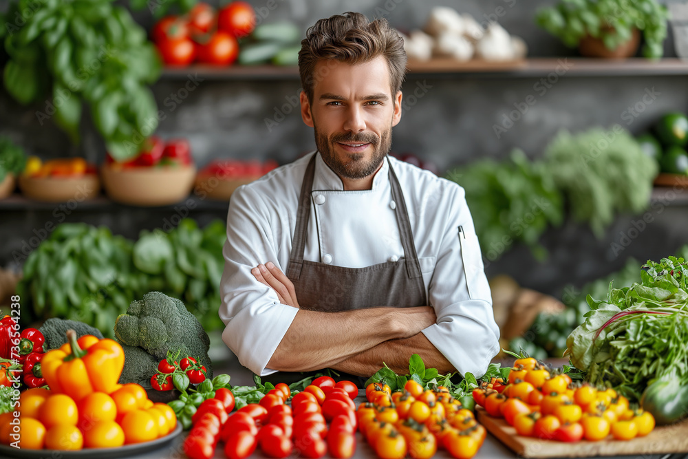 Smiling chef with fresh vegetables, healthy vegetarian concept Smiling chef with fresh vegetables, healthy vegetarian concept