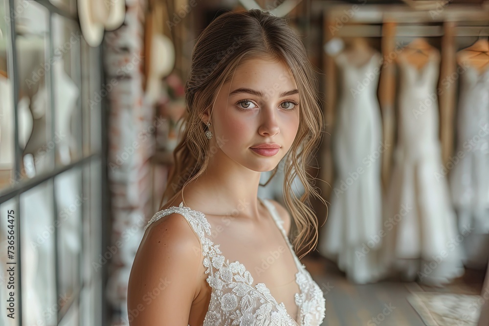 Fototapeta premium Portrait of bride trying on wedding dress.