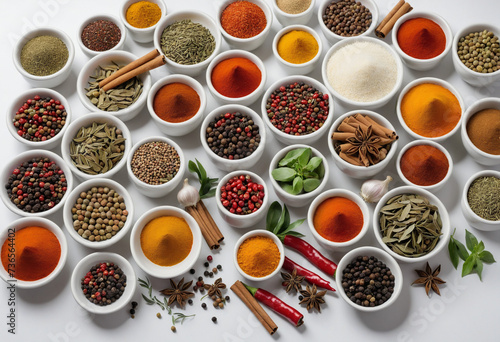 A stunning array of aromatic seasonings on a white backdrop