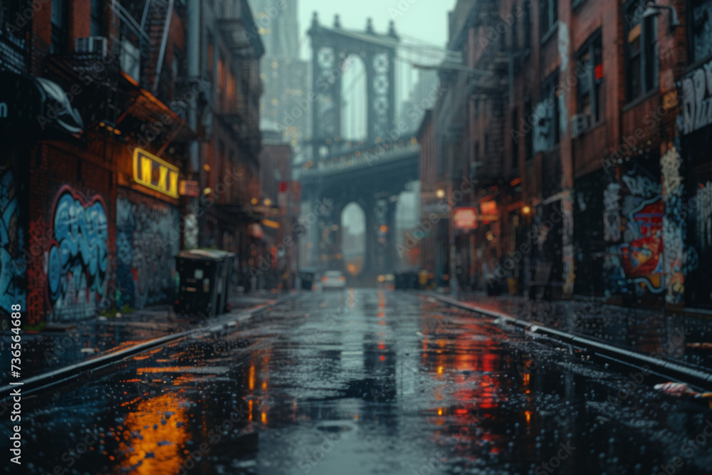 A dark and moody urban alley with intriguing graffiti on the sides, leaving an empty center for text. Concept of gritty city art. Generative Ai.