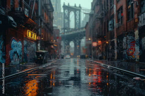 A dark and moody urban alley with intriguing graffiti on the sides, leaving an empty center for text. Concept of gritty city art. Generative Ai.