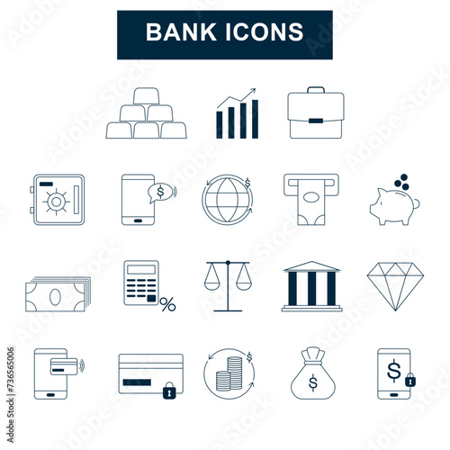 Bank system icon set. Collection of icolated vector finance elements. Money, investment and savings photo
