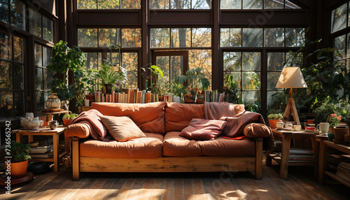 Modern, comfortable living room with elegant wood flooring and stylish decor generated by AI