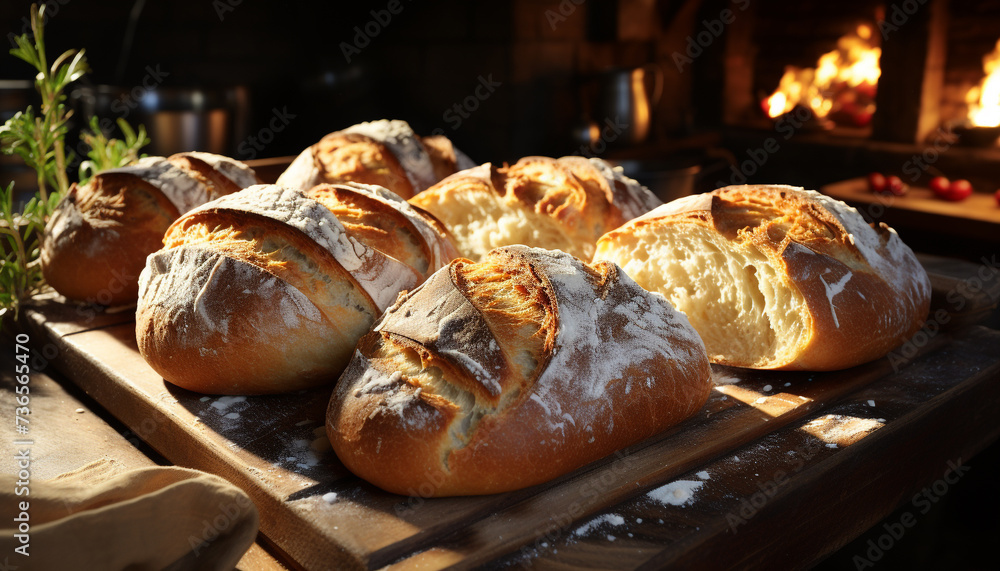 Freshly baked bread on a rustic table, a homemade gourmet meal generated by AI