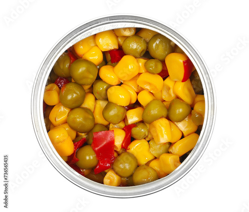 Mixture of cooked vegetables in tin can, carrots, corn, peas, peppers isolated on white, top view