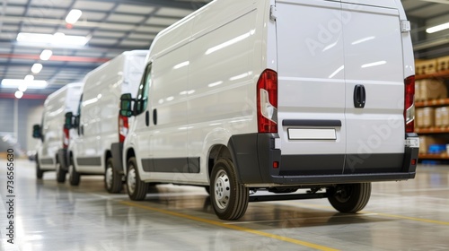 New white vans in parking bay with blurred warehouse background, ideal for text placement