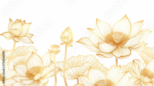 Luxury drawn lotus flowers background, vector. Elegant gradient gold lotus flowers line art, leaves on white background